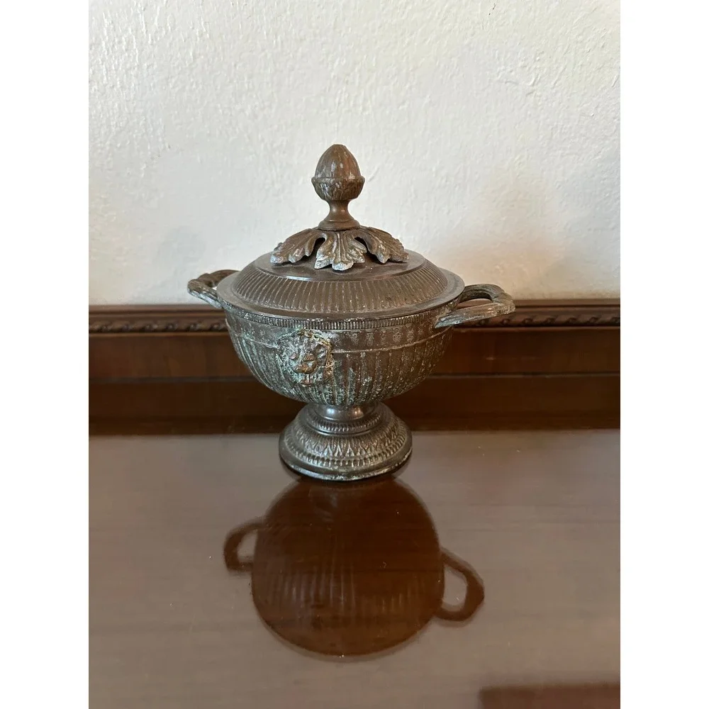 Solid Brass Urn Style Bowl Lid Trinket Pedestal Double Lion Heads‎ Shelf Decor